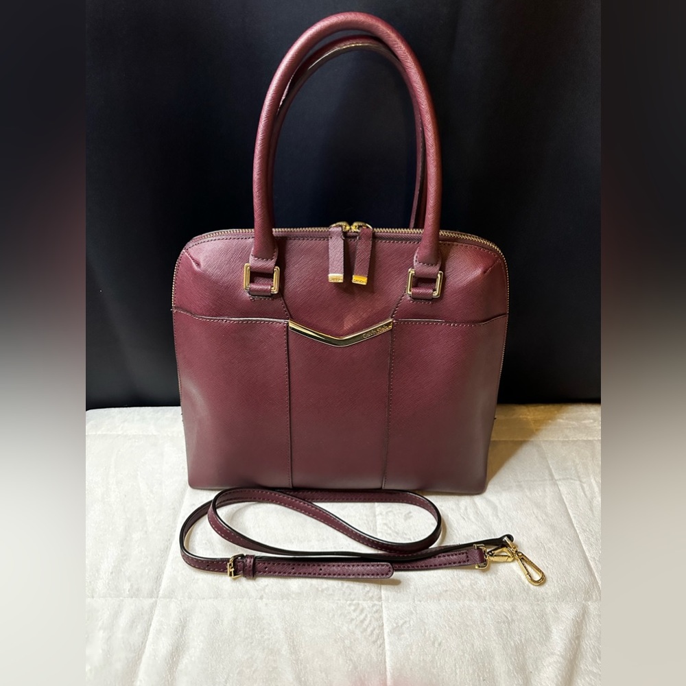 Calvin Klein “On My Corner” Saffiano Leather Maroon Satchel Bag w/Adj. Strap